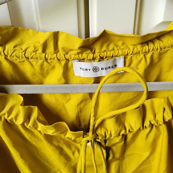 Tory Burch Tie Front Poplin Short Sleeve Blouse Top Mustard Size 8 - Picture 4 of 7